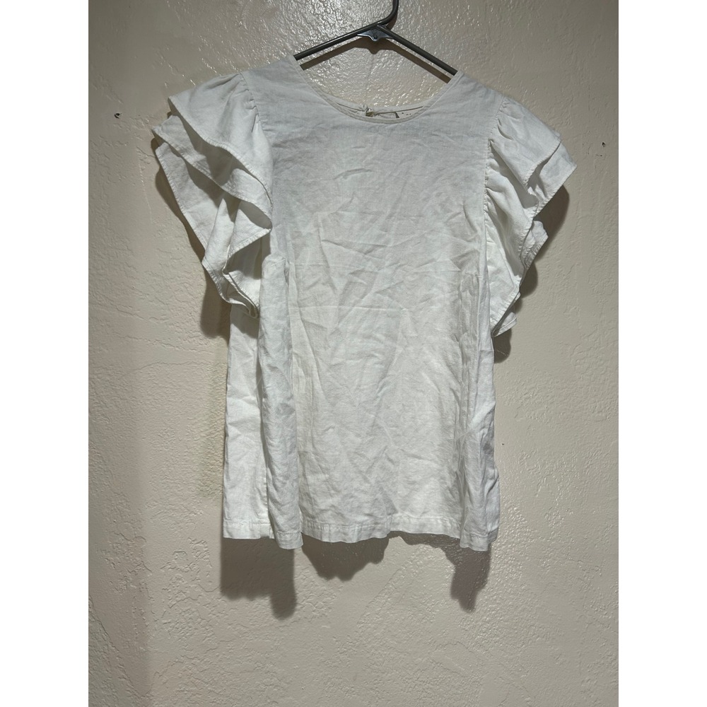 A New Day Womens White Linen Blend Ruffle Sleeve Keyhole Blouse Top Size M